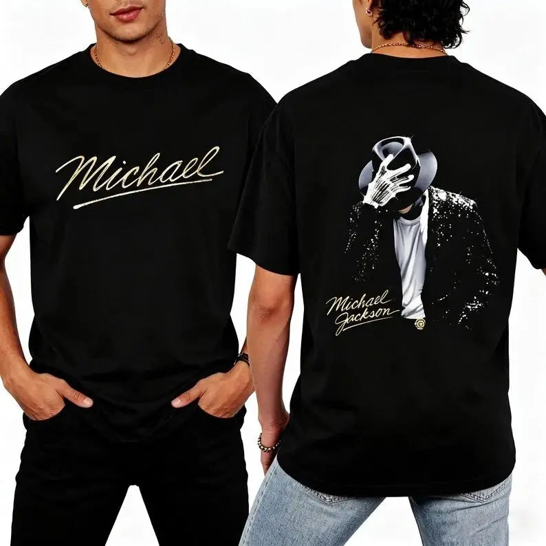 Portrait & Gold Signature Summer Rock Y2k Streetwear Michael Jackson T-Shirt Vintage Graphic Print Tee Casual Loose Top Unisex