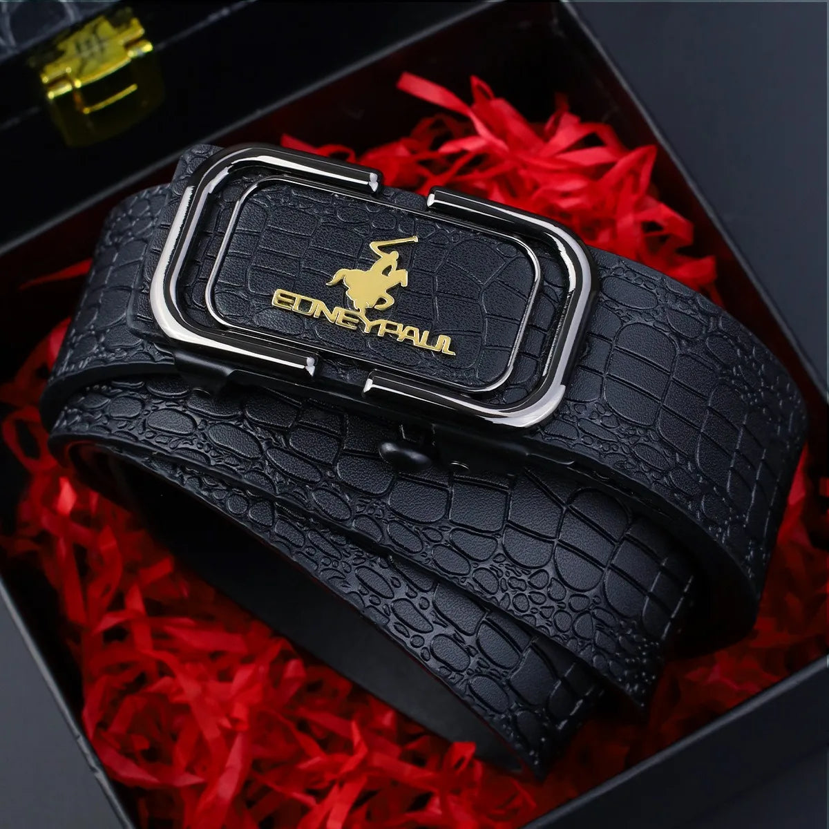Men's Sleek Automatic Buckle Belt - Genuine FauxwithTextured Square Pattern, Black, Simple & Stylish DesignforCasual Attire