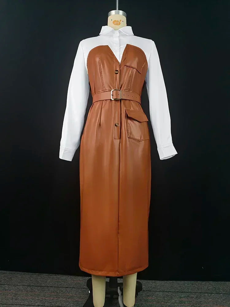 2025 Womens Dresses Shirt PU Skirt New Autumn Buttons Long Sleeve Patchwork Pocket Skinny Belted Lapel Female Midi Dress