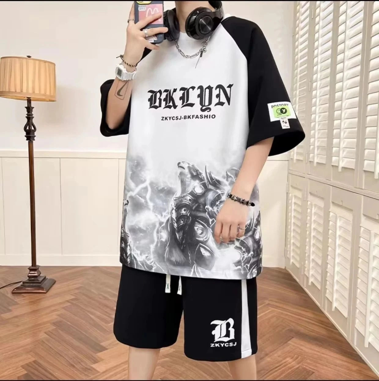 American men's summer fashion letter print comfortable breathable round neck T-shirt drawstring shorts set outdoor casual wear