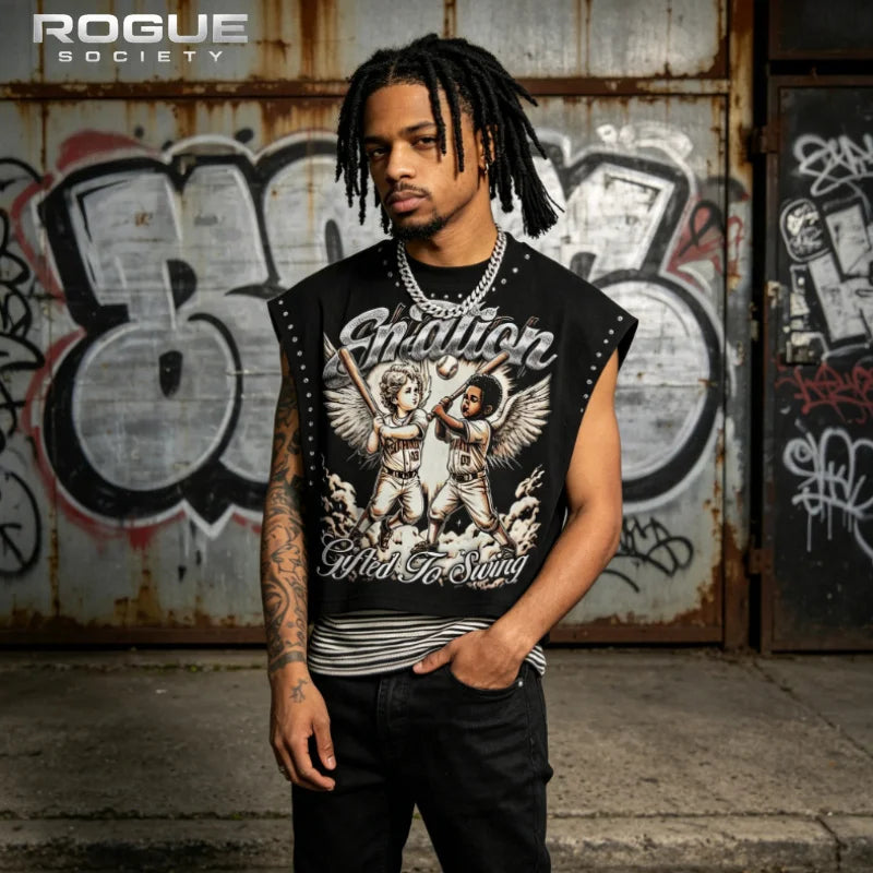 Harajuku Baseball Angel Chicano Streetwear Men Tank Crop Print Sleeveless Tops Vintage Distressed Grunge Retro Y2K Graphic Tees