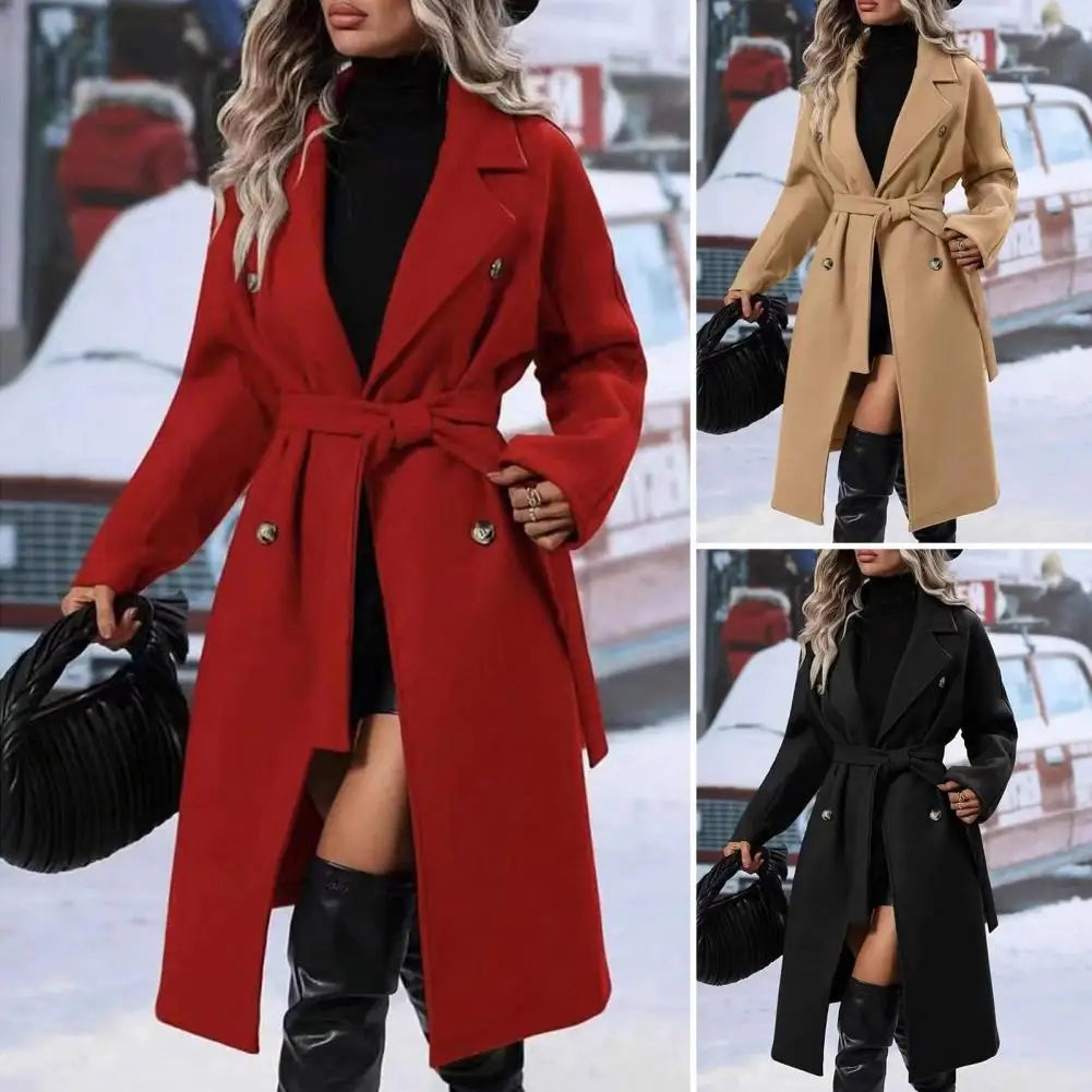 Women Casual Coat Women Windbreaker Coat Elegant Women's Wool Trench Coat with Belt Double Breasted Overcoat for Fall Winter