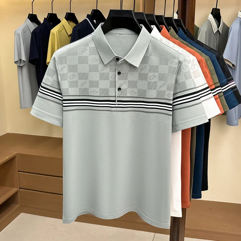 Mens Half Checkered Letter Print Stripe Splicing Short Sleeve Polo Shirts Soft  Breathable Business Casual Tops For Summer Daily