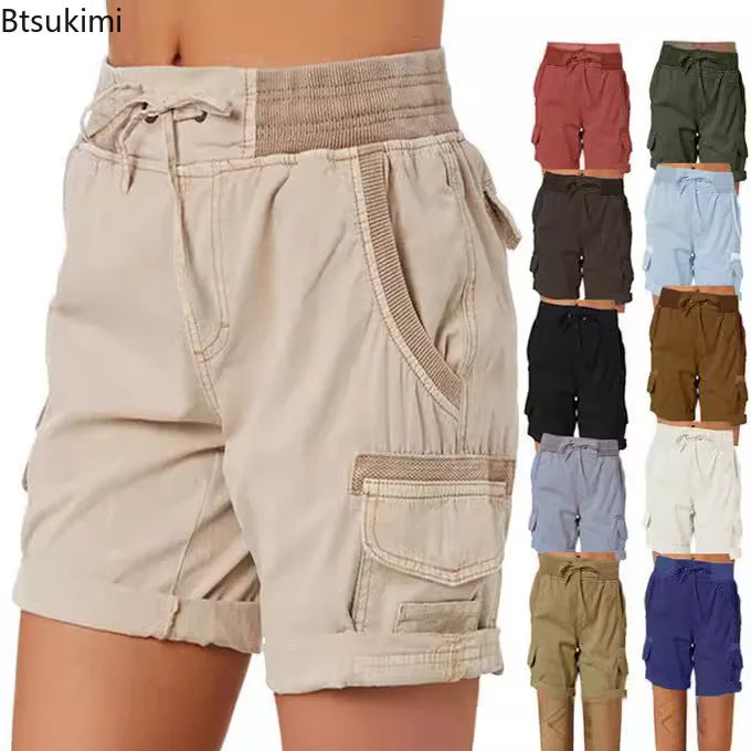 2026 Women's Cargo Shorts Pants Elastic Waist Short Pants Cotton Linen Pocket Summer Beach Solid Color Sliming Breathable Shorts