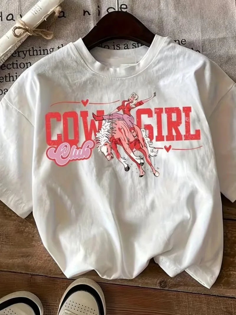 Cowgirl Era Western Graphic Women's T-Shirt, Vintage Cowboy Horse Print Casual Crew Neck Short Sleeve Top, Summer Daily Wear