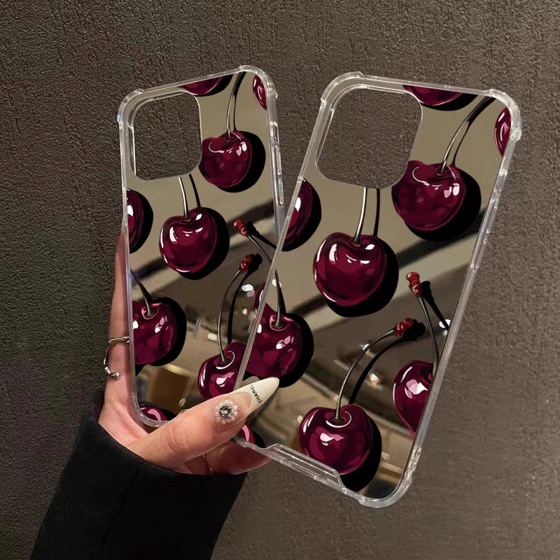 Cute Cherry Pattern Phone Case For iPhone 16 17 Pro Max 15 14 13 12 11 Pro XS X XR 7 8 Plus Make Up Mirror Shockproof Soft Cover