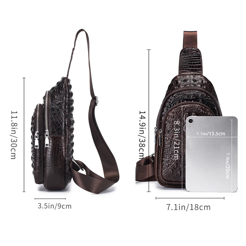 SCHLATUM Men's Genuine Leather Vintage Crocodile Pattern Chest Bag Luxury Men Crossbody Travel Bag Multifunction Sling Bags
