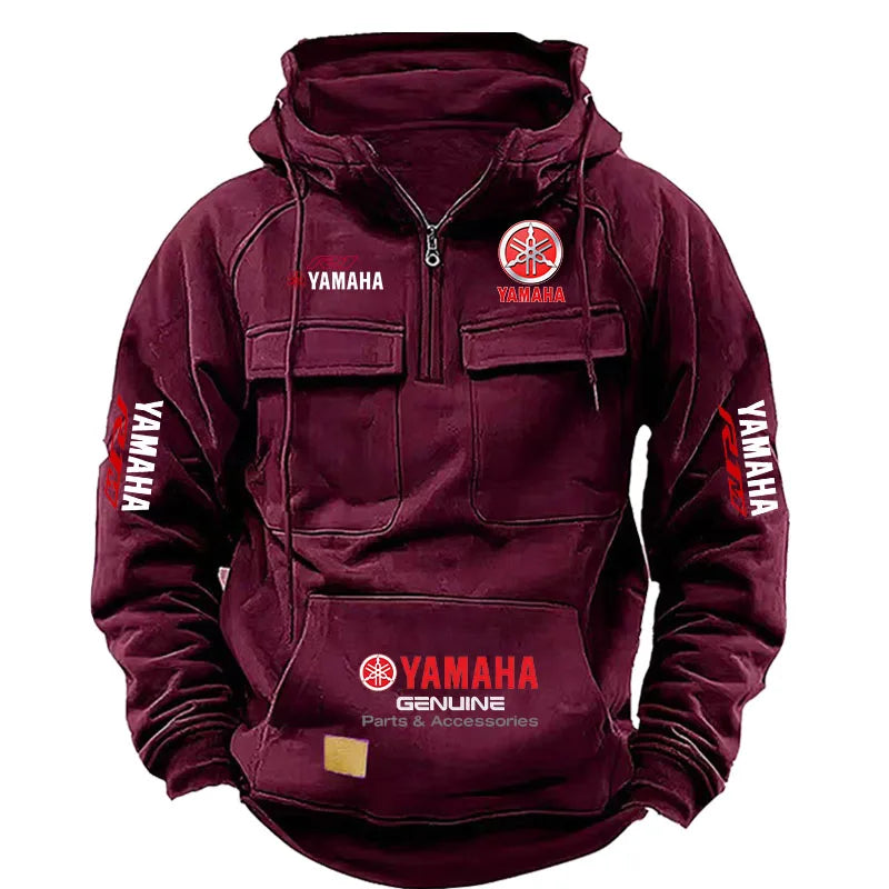 2026 New YAMAHA Logo Motorcycle Racing Race Retro Velvet Half Zipper Hoodie Men's Multi Pocket Autumn/Winter Casual Sweatshirt