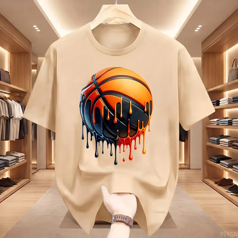Men's Dripping Basketball Graphic T-Shirt, Streetwear Hip Hop Tee, Oversized Fit, WHITE Top for Men, Trendy Summer Style