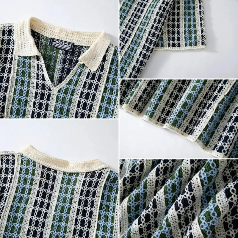 Vintage Mens Short Sleeve Knit Polos Summer Casual Breathable Lapel Knitting Polo Shirt Men Fashion Plaid Jacquard Polo Shirts