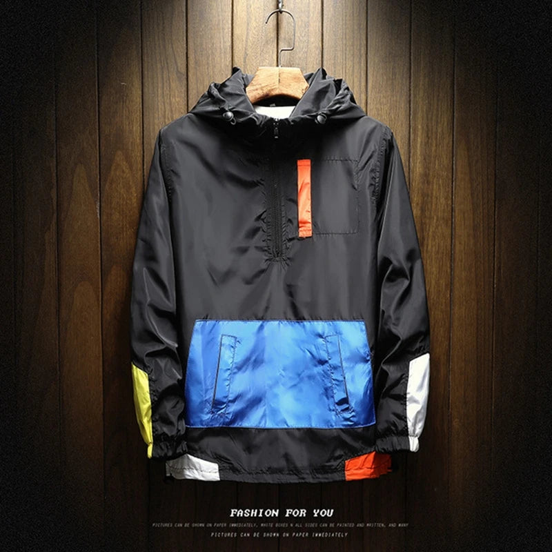 Autumn Men Windbreaker Jacket Breathable Quick-Drying Colorblock Casual Outdoor Cycling Hiking Hooded Jacket Clothing Pullover