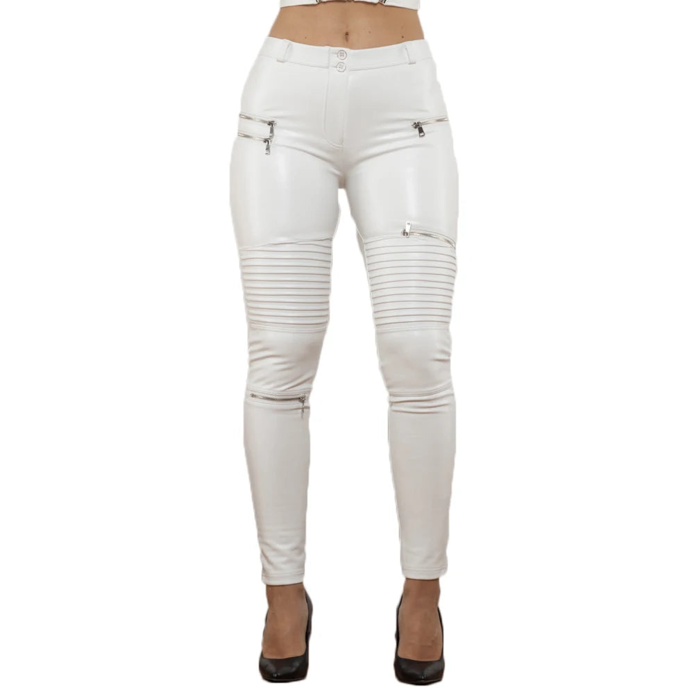 Shascullfites Melody White Pu Leather Pants Coating Woman Fashion Pants Slim Faux Leather Leggings Elastic Waist Women's Pants