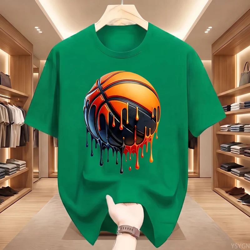 Men's Dripping Basketball Graphic T-Shirt, Streetwear Hip Hop Tee, Oversized Fit, WHITE Top for Men, Trendy Summer Style