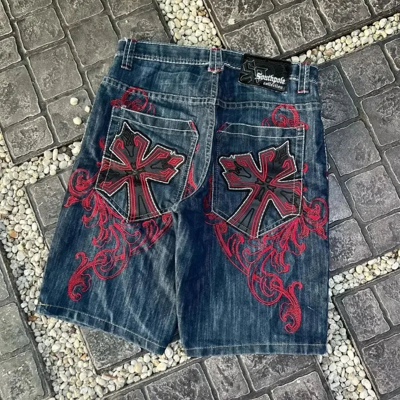 Casual denim short for men 2024 new gothic punk cross graphic print design fashion comfortable versatile y2k casual jorts shorts