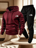 2026 Men 2 Piece Sports Tracksuit Simple Mountain Graphic Print Hoodie + Jogger Pants Casual Loose Autumn Winter Outdoor Outfit