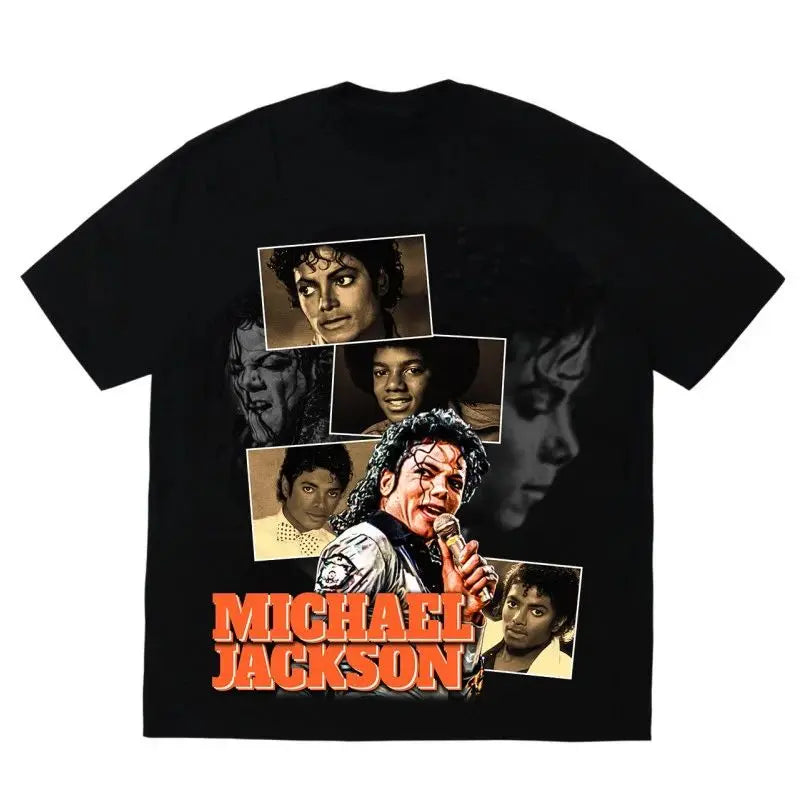 Portrait & Gold Signature Summer Rock Y2k Streetwear Michael Jackson T-Shirt Vintage Graphic Print Tee Casual Loose Top Unisex