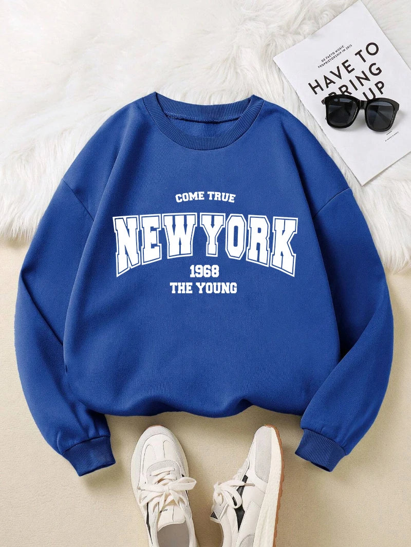 New York 1968 Women Sweatshirt Black Letter Print Sporty Hoodie Winter Casual Fleece Pullover Crewneck Red Hoody Street Clothing