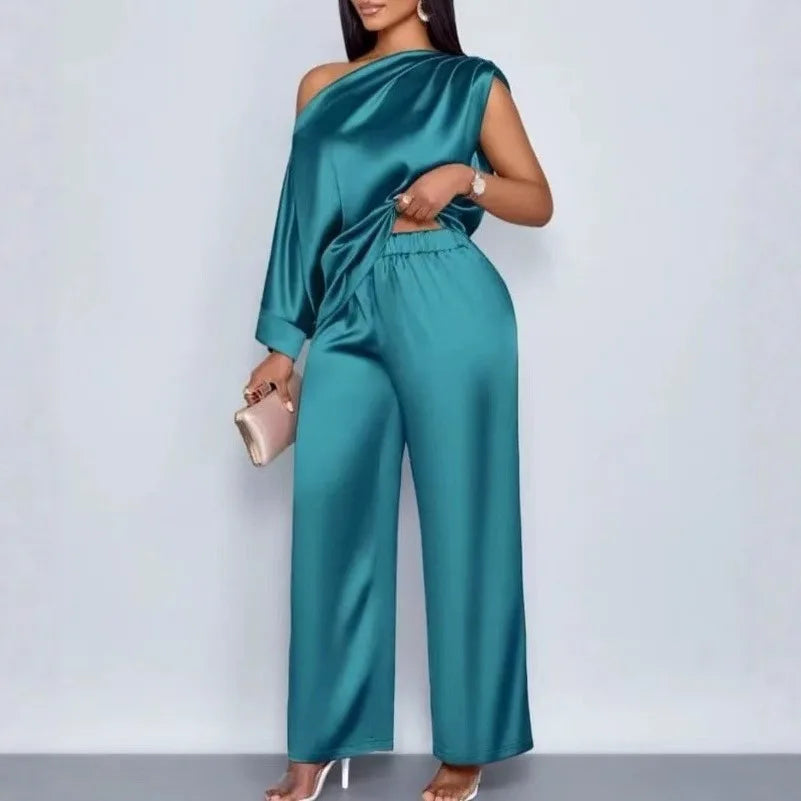 Pant Set Women Two Piece Sets Skew Collar Sexy Slim Fit Tops Wide Leg Long Pants Elastic Waist Y2k Streetwear Elegant 2026
