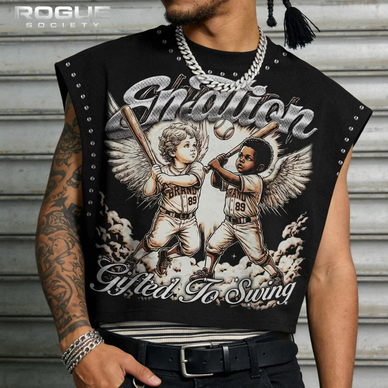 Harajuku Baseball Angel Chicano Streetwear Men Tank Crop Print Sleeveless Tops Vintage Distressed Grunge Retro Y2K Graphic Tees