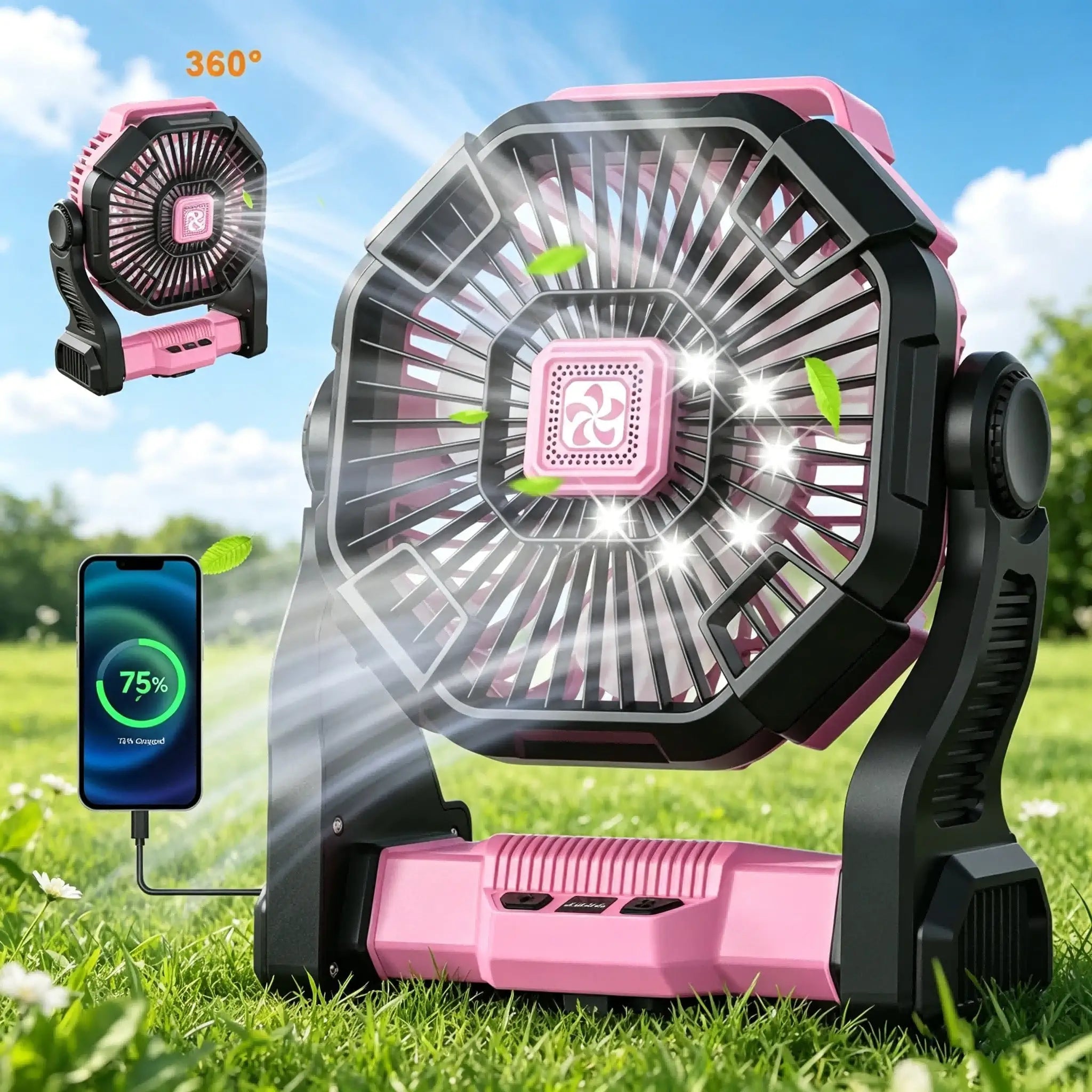 Charging + Lighting + Fan Three-In-One Electric Camping Style Fan with Led Lantern Portable Tent Fan with Rotating Function, Emergency Power Supply Function When Power Outage, Suitable for Barbecue or Travel Operating