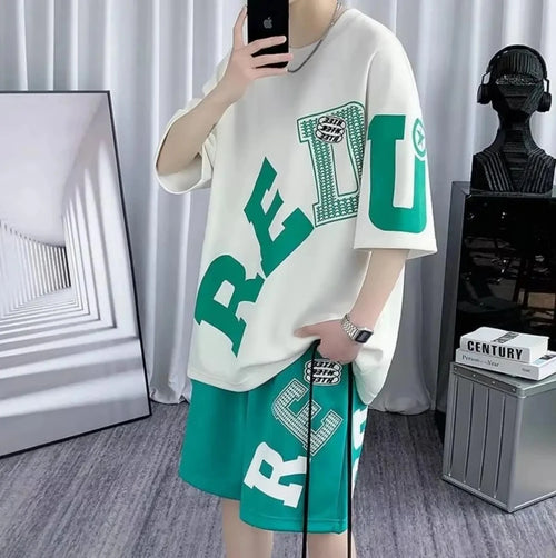 American men's summer fashion letter print comfortable breathable round neck T-shirt drawstring shorts set outdoor casual wear