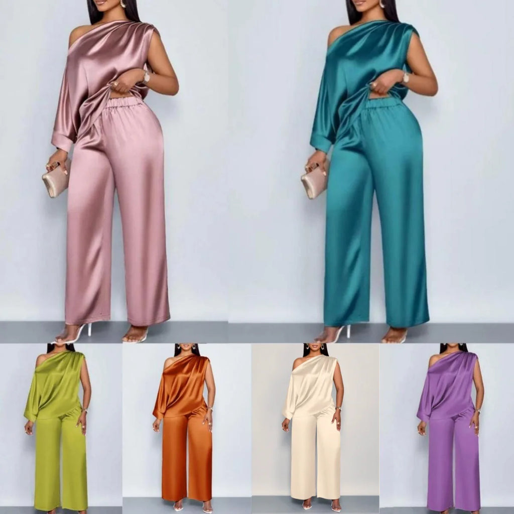Pant Set Women Two Piece Sets Skew Collar Sexy Slim Fit Tops Wide Leg Long Pants Elastic Waist Y2k Streetwear Elegant 2026