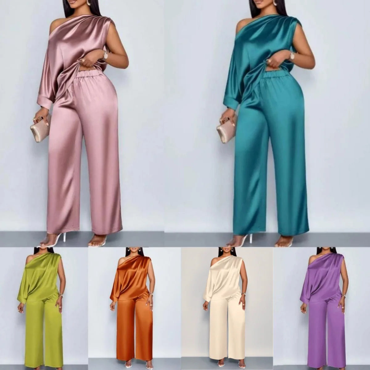 Pant Set Women Two Piece Sets Skew Collar Sexy Slim Fit Tops Wide Leg Long Pants Elastic Waist Y2k Streetwear Elegant 2026