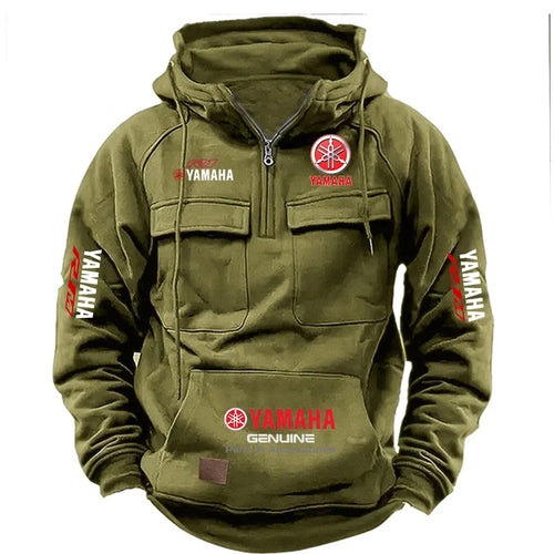 2026 New YAMAHA Logo Motorcycle Racing Race Retro Velvet Half Zipper Hoodie Men's Multi Pocket Autumn/Winter Casual Sweatshirt