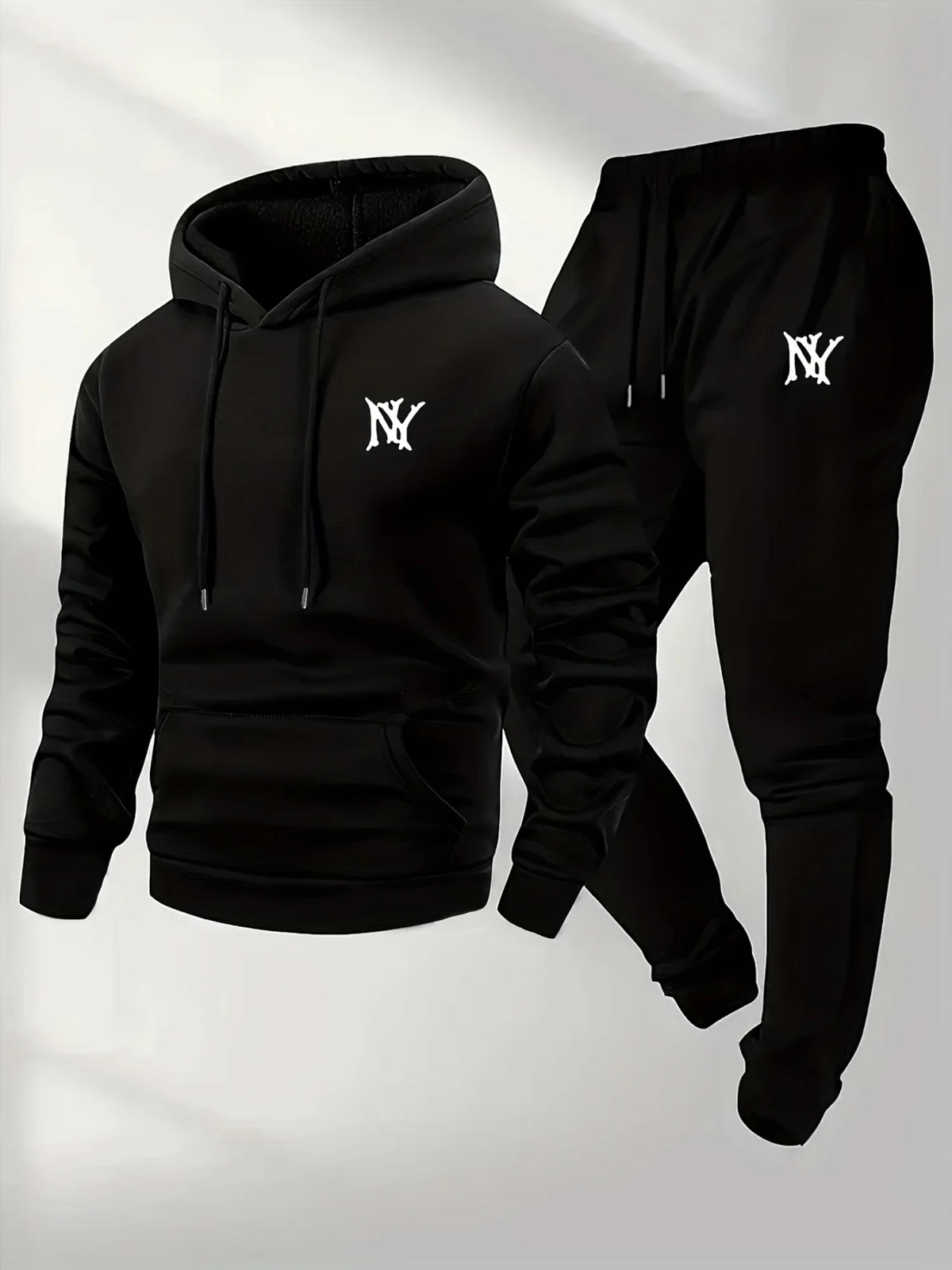 Men  Letter Logo Print Hoodie Tracksuit 2 Piece Set Solid Black Pullover Hooded Sweatshirt Jogger Pants New York Street Outfit