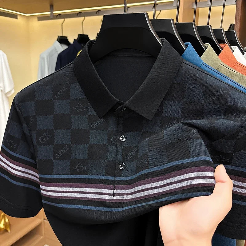 Mens Half Checkered Letter Print Stripe Splicing Short Sleeve Polo Shirts Soft  Breathable Business Casual Tops For Summer Daily