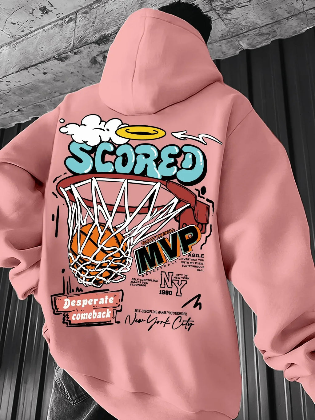 Men's autumn and winter casual fashion loose mvp basketball graphicprint long sleeved hooded sweatshirt warm pullover