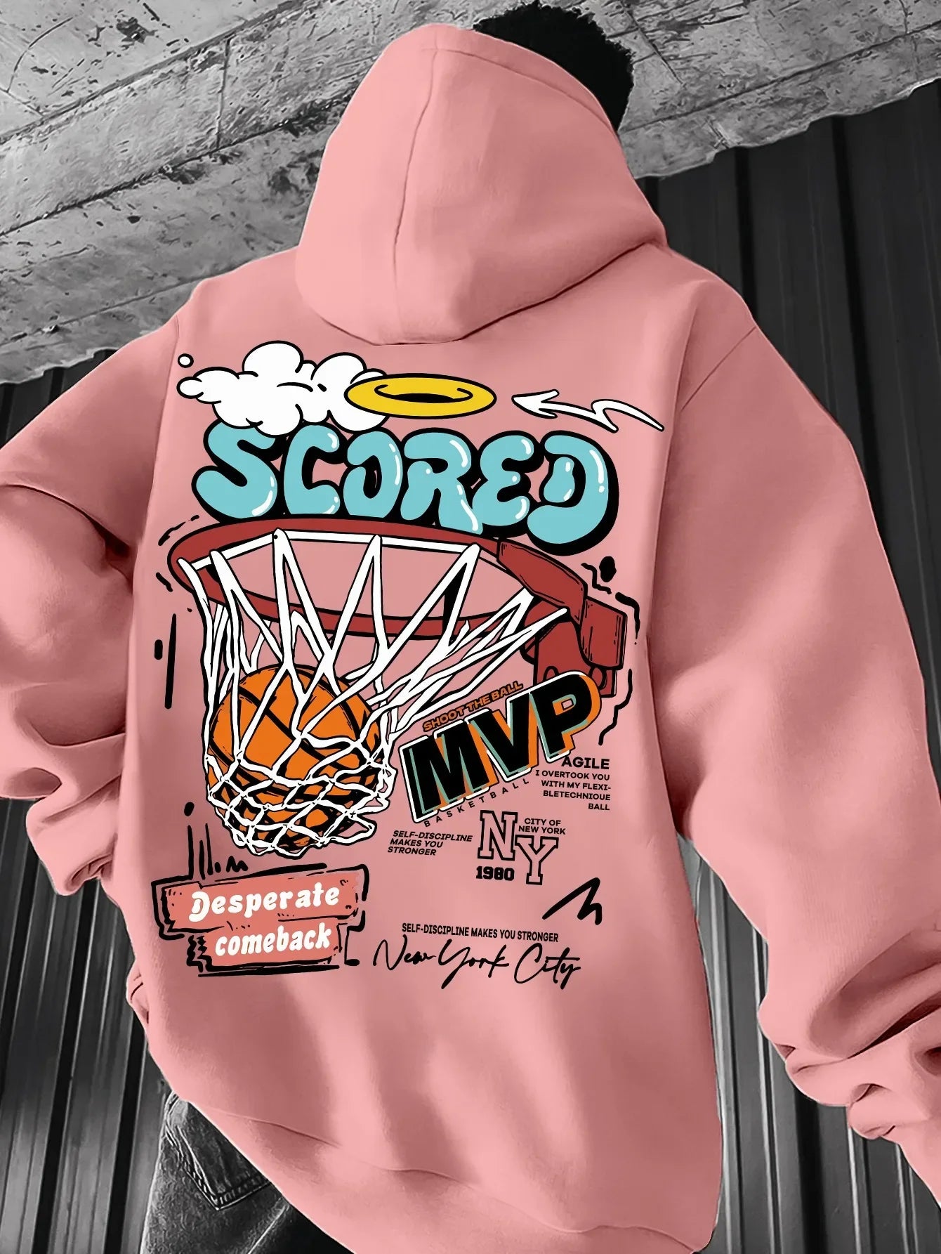 Men's autumn and winter casual fashion loose mvp basketball graphicprint long sleeved hooded sweatshirt warm pullover