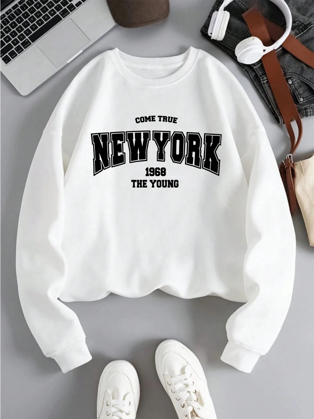 New York 1968 Women Sweatshirt Black Letter Print Sporty Hoodie Winter Casual Fleece Pullover Crewneck Red Hoody Street Clothing