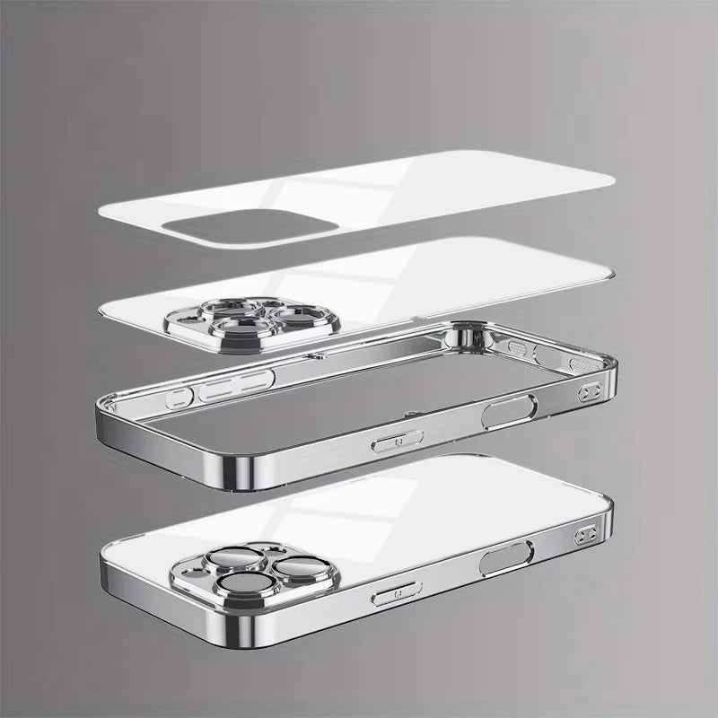 Silver Metallic Paint Electroplated Glass Phone Case for Iphone 17 17Air 16 15 14 13 12 11 Pro Pro Max Plus 17E 16E Hard Cover