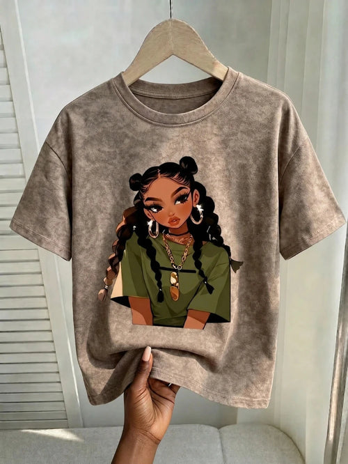 2026 Retro Pattern T-shirt Urban Girl "Bad Girl" Teenage Aesthetic Tee Unique O-Neck Streetwear Fun Style Casual Summer Women's