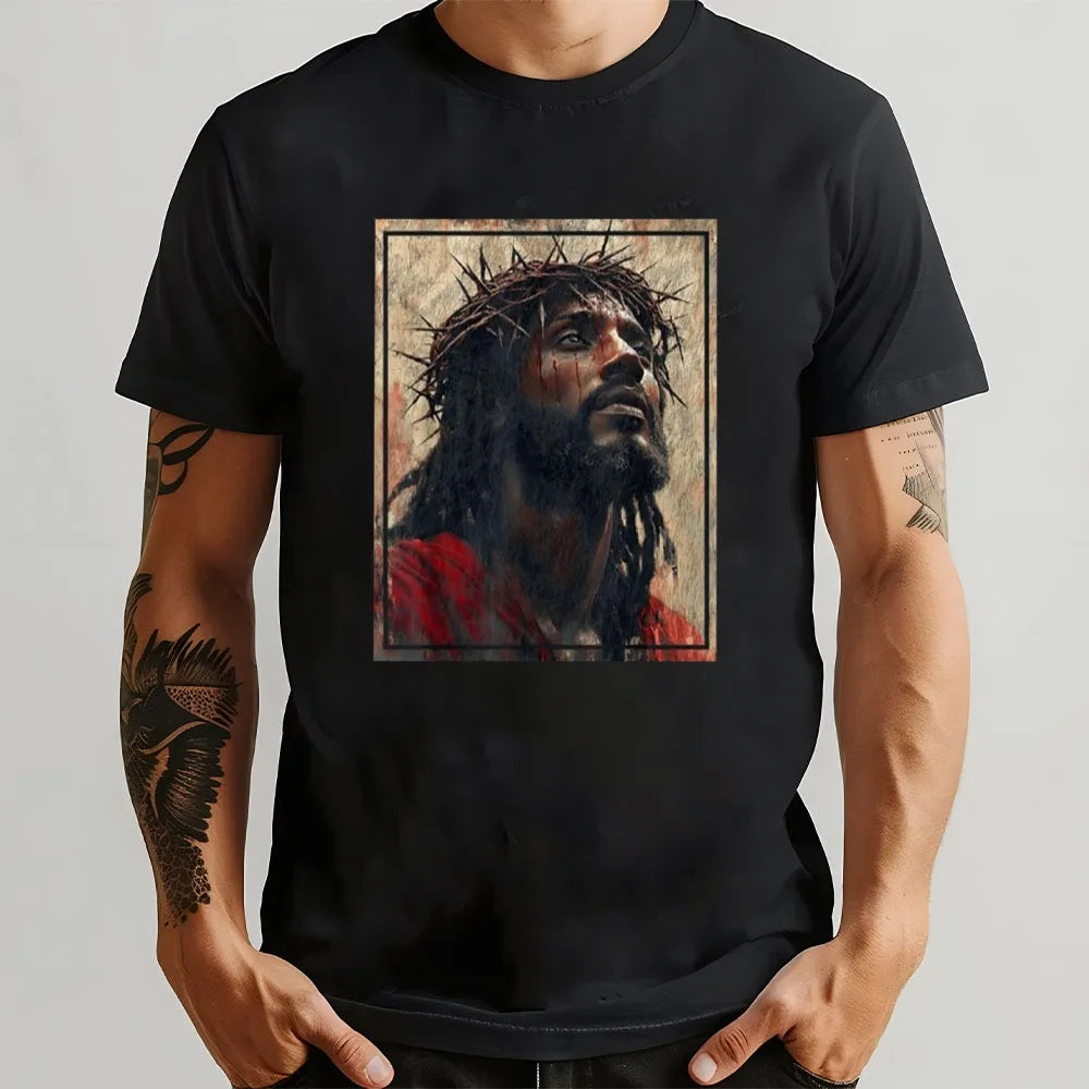 Black Jesus Face of Jesus Cross with Crown of Thorns T-Shirt Printed T-shirt for Christian Believers O-neck Short-sleeve Tops