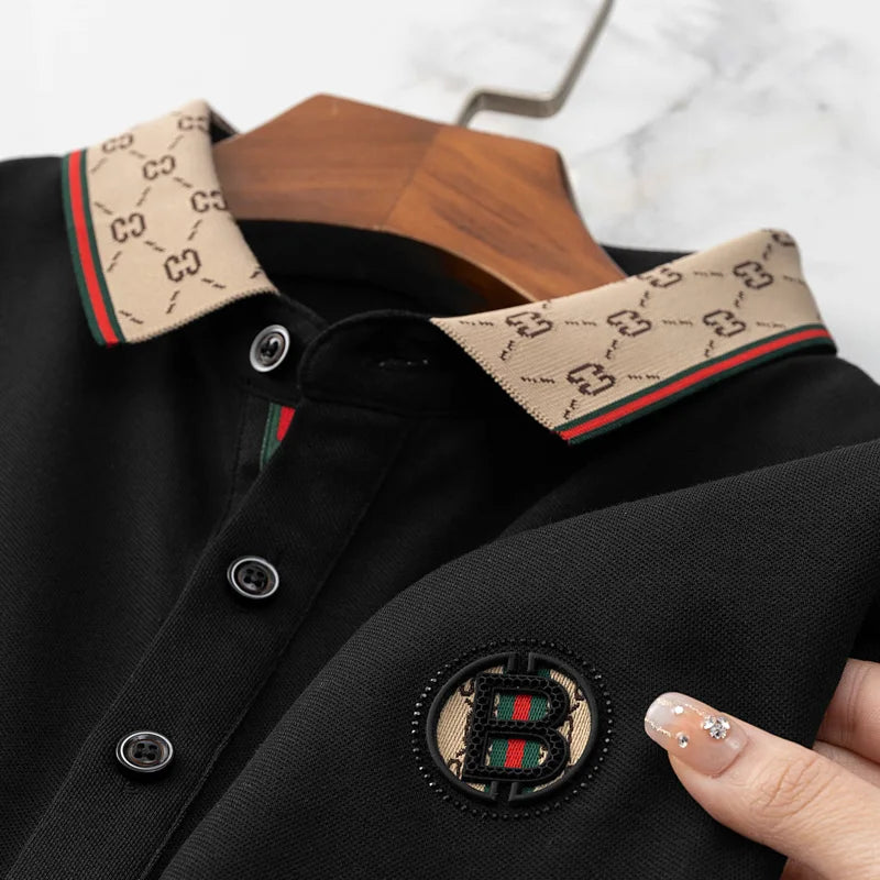 Men's personality jacquard lapel polo T-shirt high-end brand cotton comfort business short sleeve fashion trend premium badge