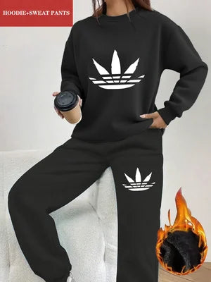 2Pc Creative Printed Y2K Style Autumn and Winter Hot-Selling Women's Fashion Casual Sports Fleece-Lined Crewneck Sweatshirt and Sweatpants Set