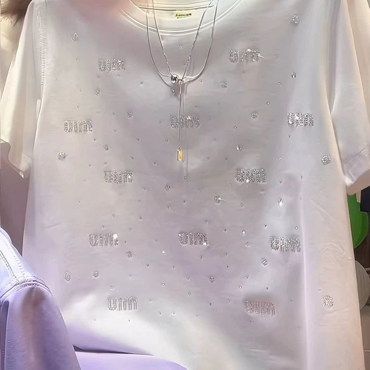 Elegant Short Sleeve T-Shirt Women's Heavy Embellished Diamond Versatile Beautiful Shoulder Slimming Fashionable Top Trendy