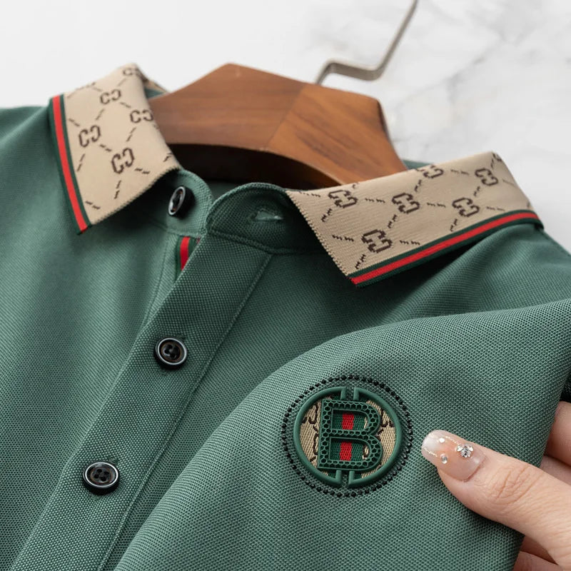 Men's personality jacquard lapel polo T-shirt high-end brand cotton comfort business short sleeve fashion trend premium badge
