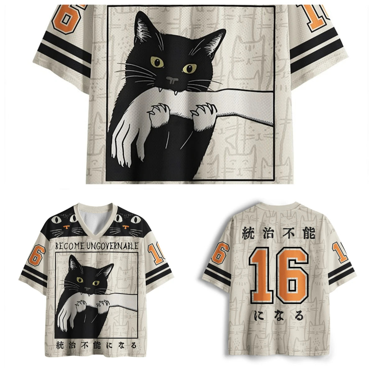 Adult and Kids Rebellious Black Cat 3D Print Jersey, 'Cannot Dominate' Meme American Retro Short Sleeve