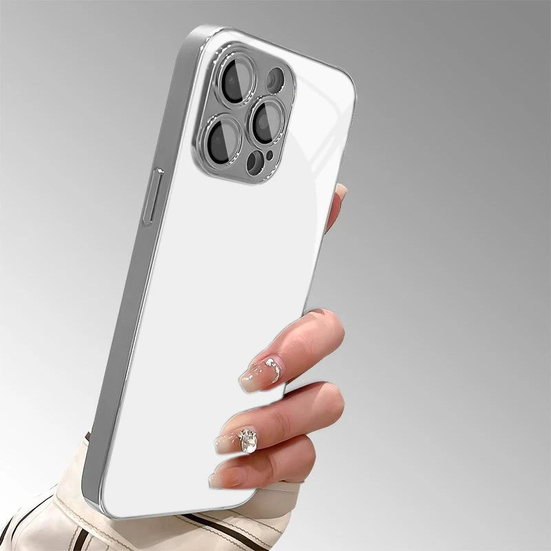 Silver Metallic Paint Electroplated Glass Phone Case for Iphone 17 17Air 16 15 14 13 12 11 Pro Pro Max Plus 17E 16E Hard Cover