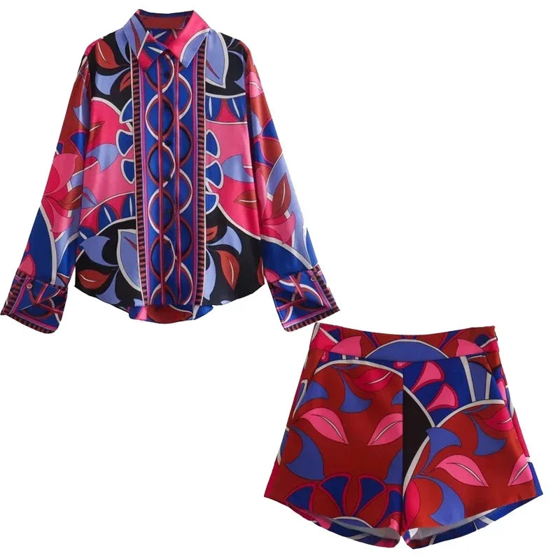 Casual Summer Suit Flowing Print Loose Sleepwear Women 2 Piece Long Sleeve Wide Leg Pants Women Pajamas Set Pijama  Pyjama