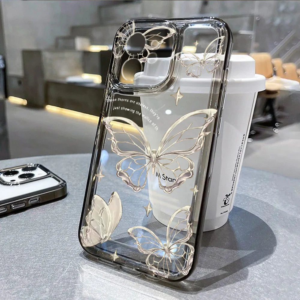 Gold Butterfly Phone Case For iPhone 17 16 15 11 13 12 14 Pro Max 16e Air 7 8 Plus XR SE 2022 2020 Soft TPU Transparent Cover
