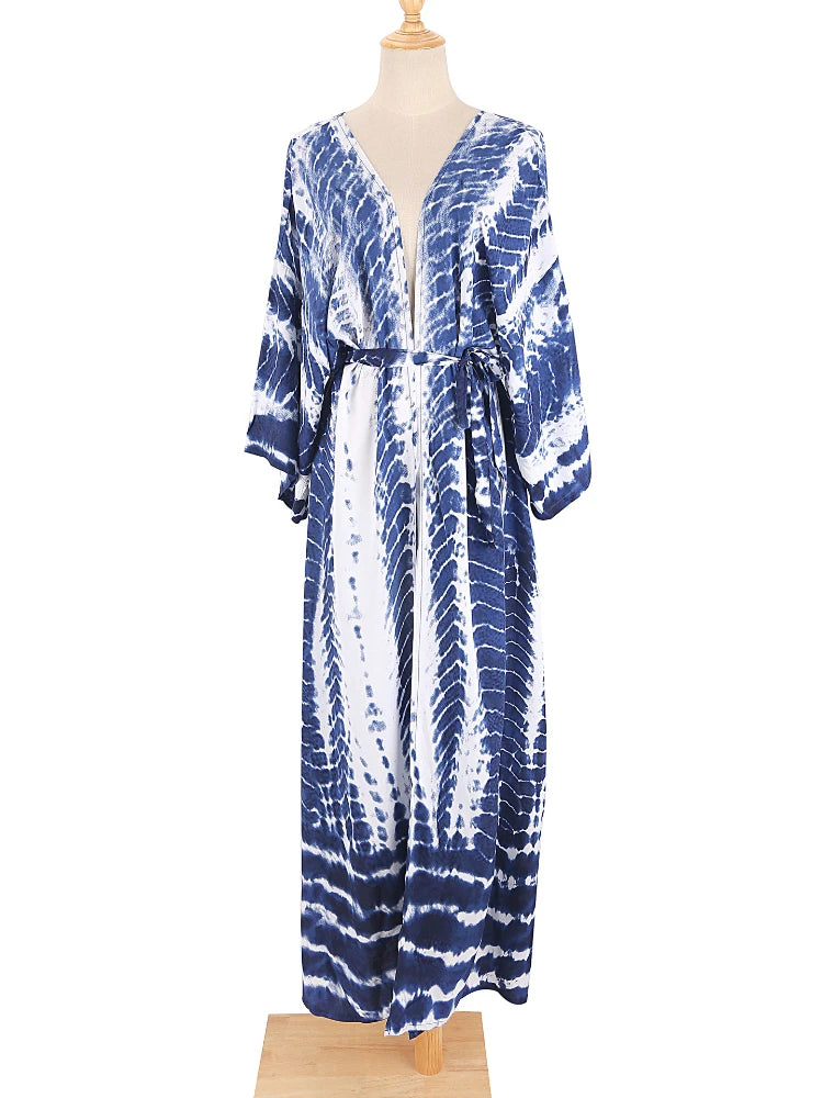 Bikini Cover Up Tie Dye Printed Women Long Beach Kimono Swimsuit Cape 2022 New Summer Beachwear Self Belted Bathing Suit