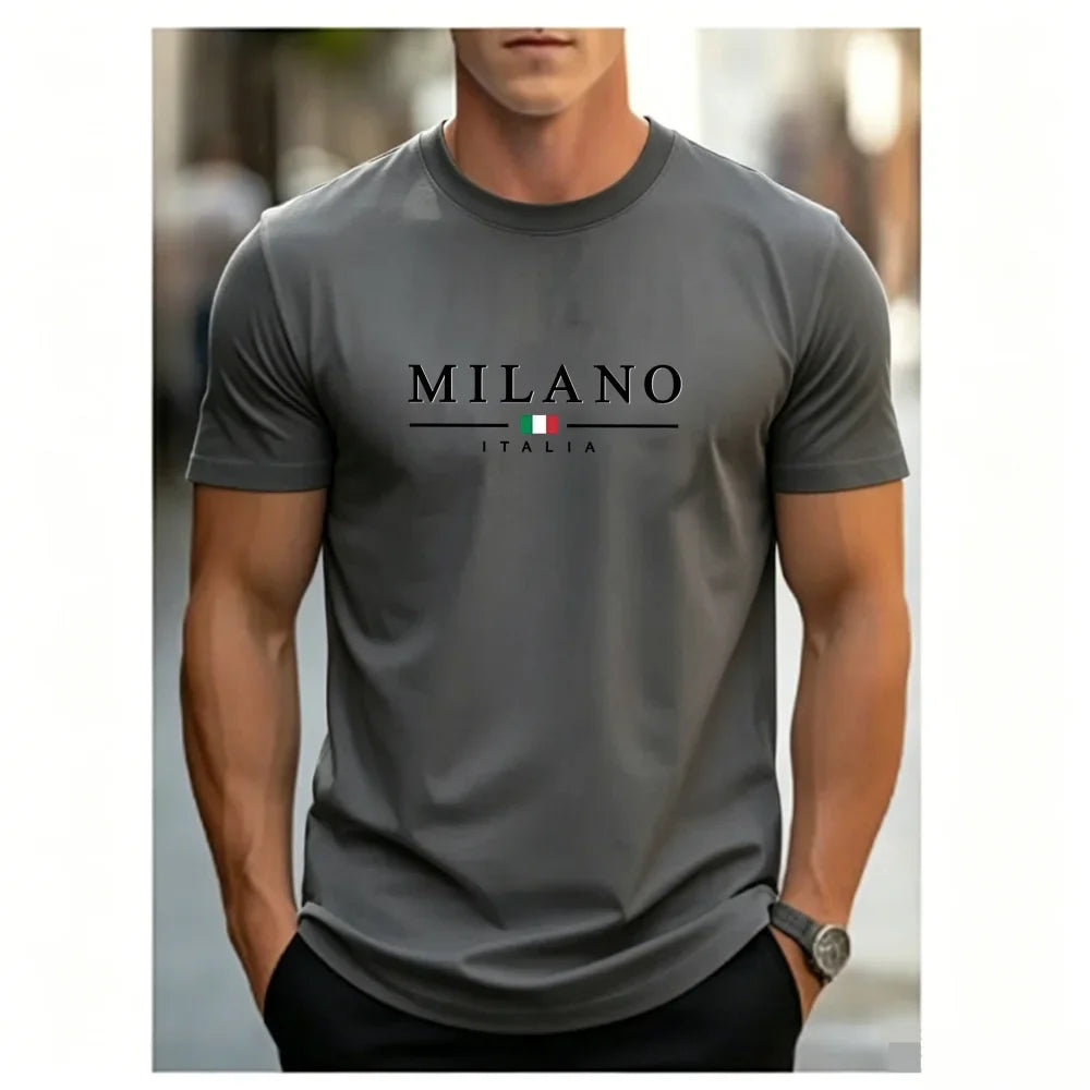 Men's Summer Simple and Fashionable Milan Letter Printed Loose and Comfortable Round Neck Short Sleeved T-shirt Top