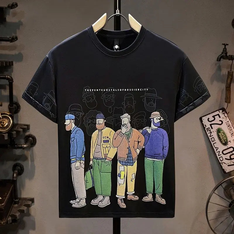 Men's Short Sleeve T-Shirt Summer Trendy Cartoon Print Round Neck Loose Casual Half Sleeve Shirt