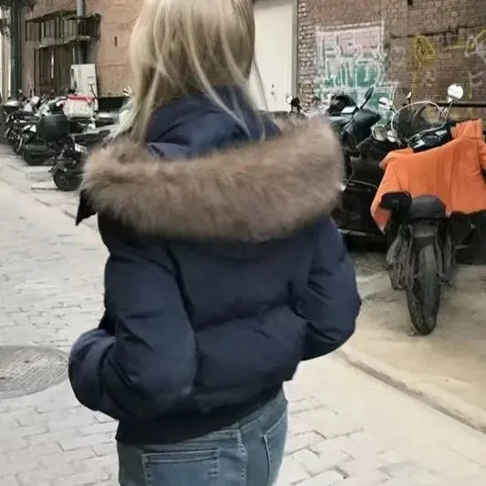 Women Autumn Winter Fur Collar Cotton Coat 2025 New Women Warm Thicken Hooded Cotton Padded Jacket Women Short Parkas Outwear