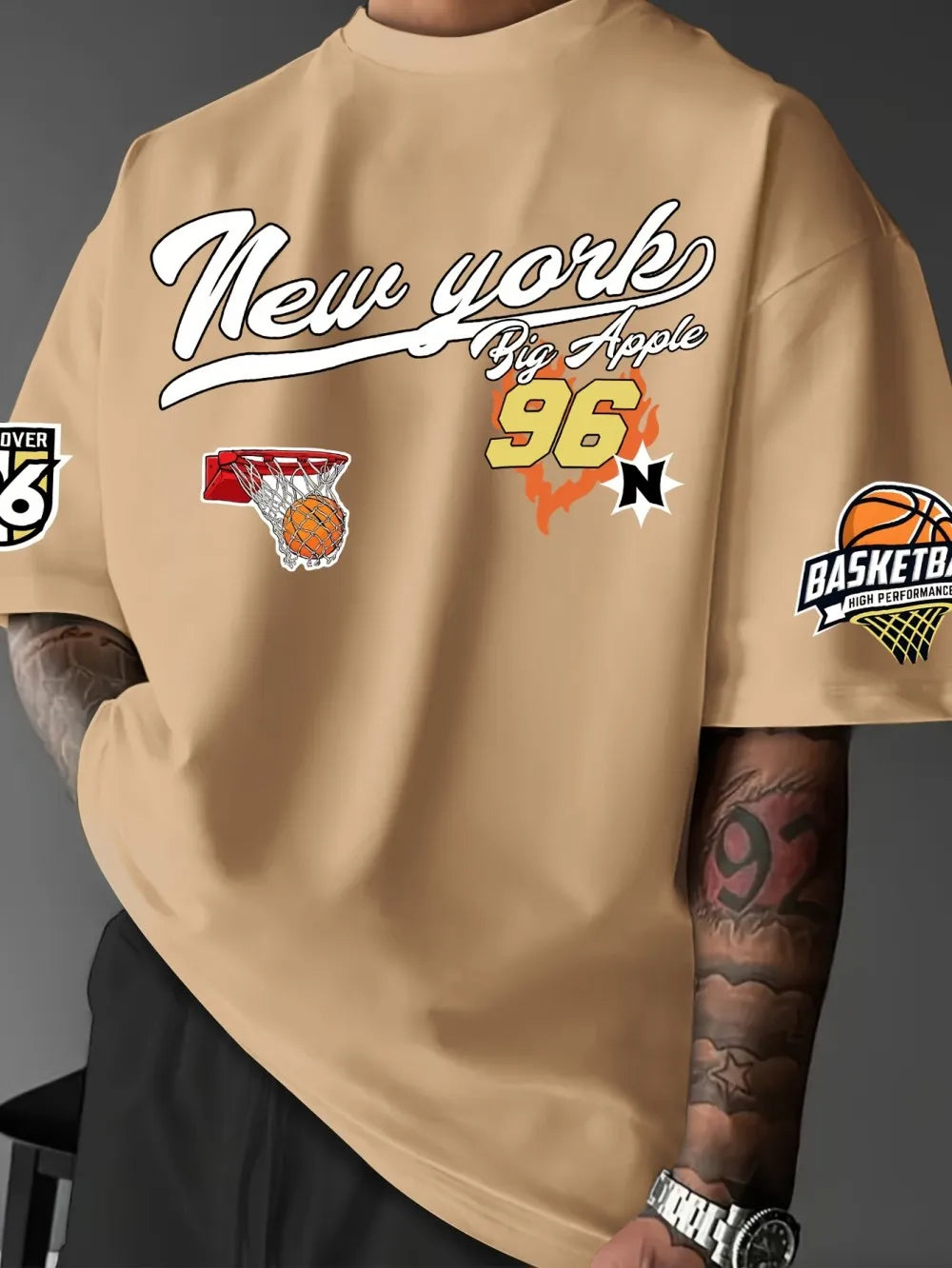 Men's Summer Basketball Style Casual Breathable Round Neck T-shirt New York 96 Printed Soft Polyester Fiber Outdoor Street Top