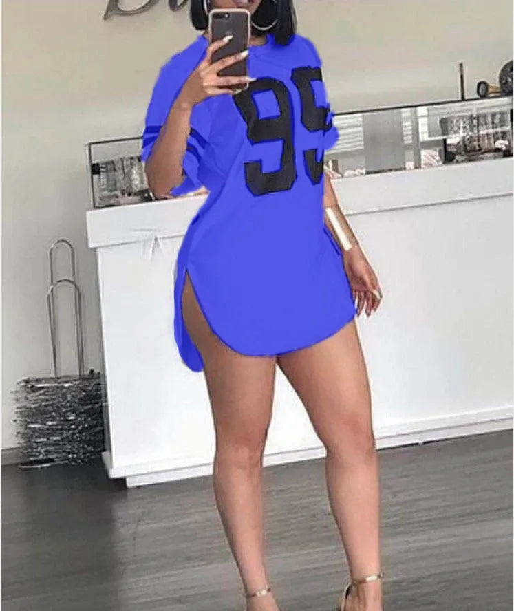 95 Pattern Print T-Shirt O-Neck Split Short Sleeve Sports Football Jersey Y2K Loose Oversized Street Retro Casual Tops